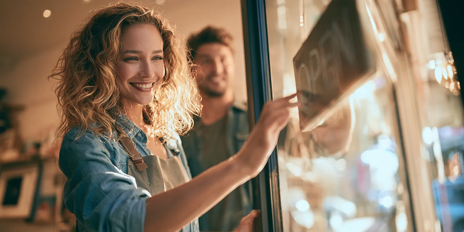 Boutique owner in her 40s and her business partner in his 30s flipping the sign to open on their shop door, start-up costs she covered with a $5,000 loan