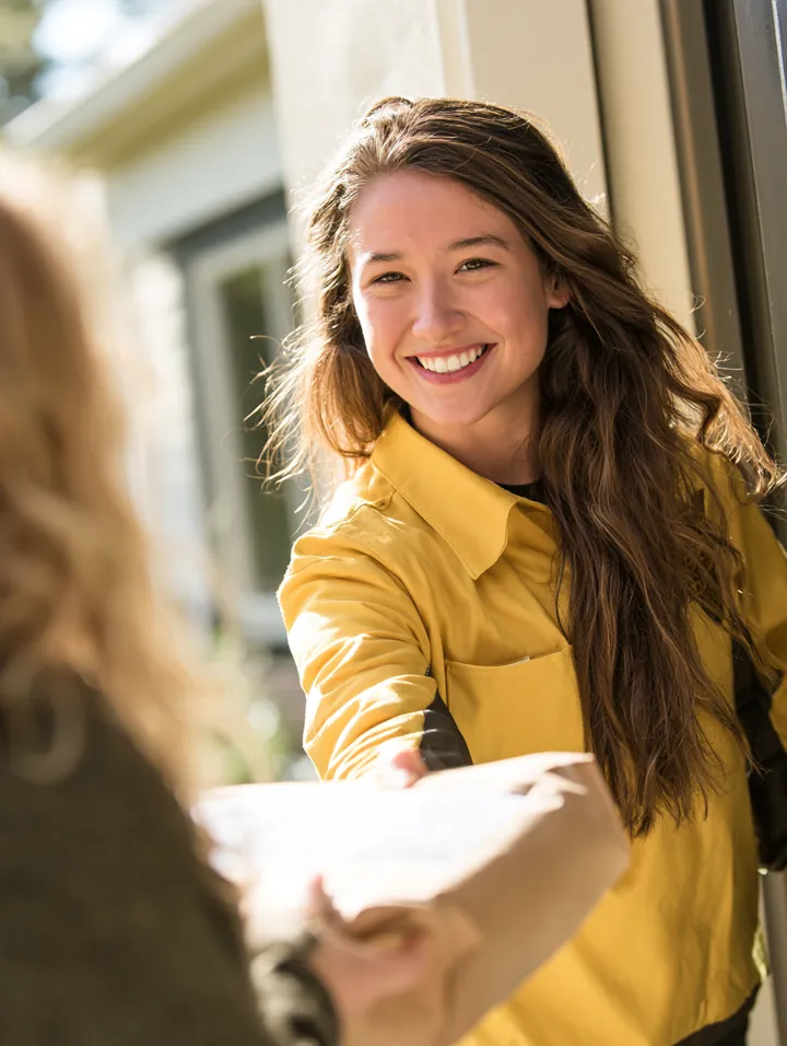 Courier in her 20s handing a parcel to a resident at the front door of a modern townhouse, like a loan deposit arriving on schedule