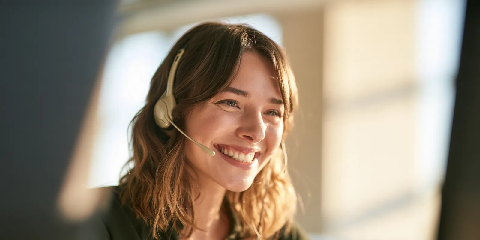 Smiling customer support specialist wearing a light headset while talking with a caller in a bright modern office