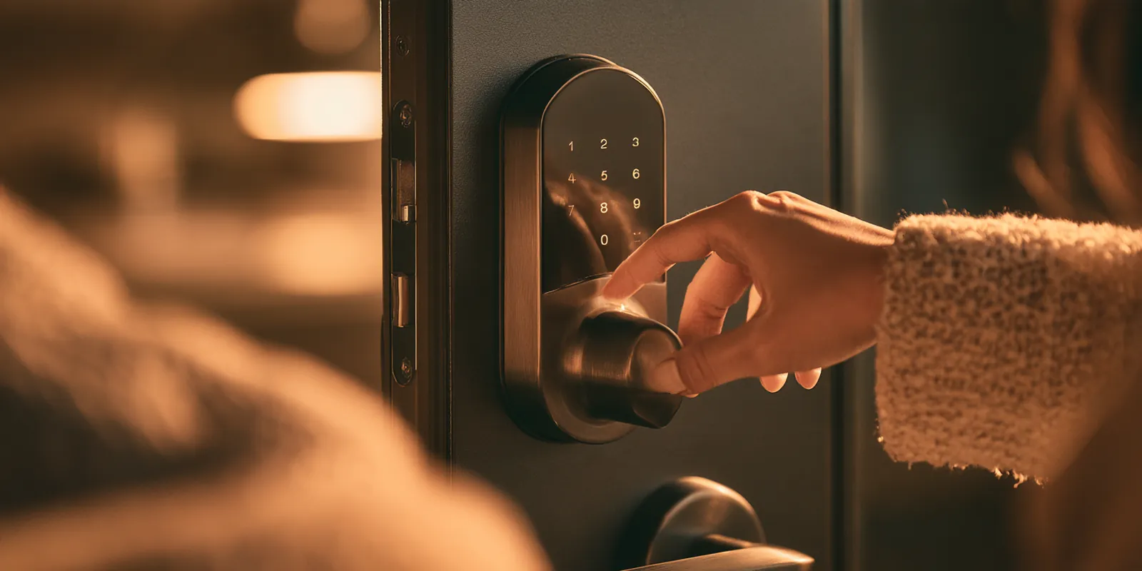 Close view of a hand entering a code on a smart lock keypad, a symbol of collateral when weighing avant lending choices