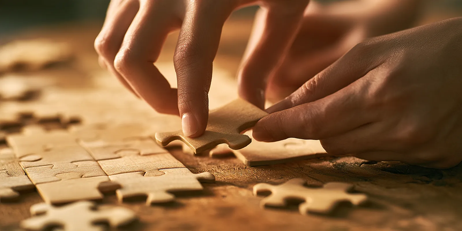 Hands fitting the last piece into a wooden jigsaw puzzle on a coffee table, like the final step of a loan request