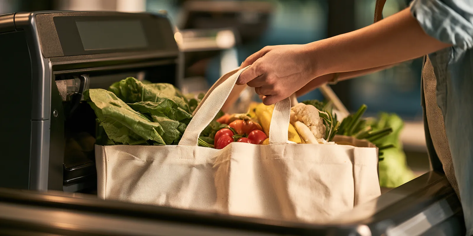 Hands placing fresh produce into a reusable canvas tote at a grocery self-checkout, the kind of weekly cost to budget before an avant lending payment