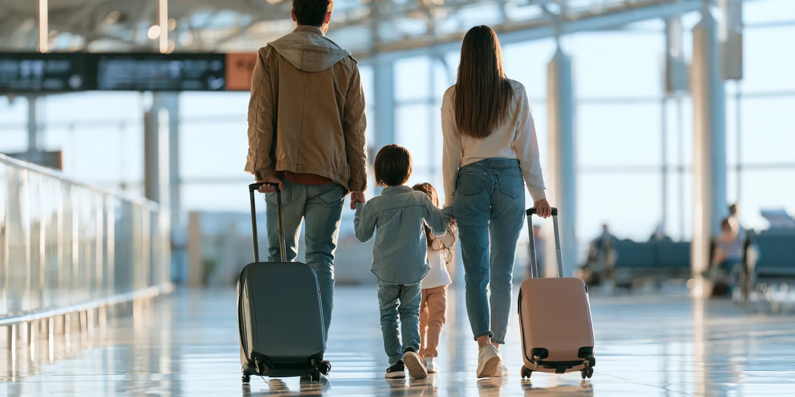 Family of three rolling suitcases through a bright airport terminal toward their gate, a trip some cover with a $1,500 loan