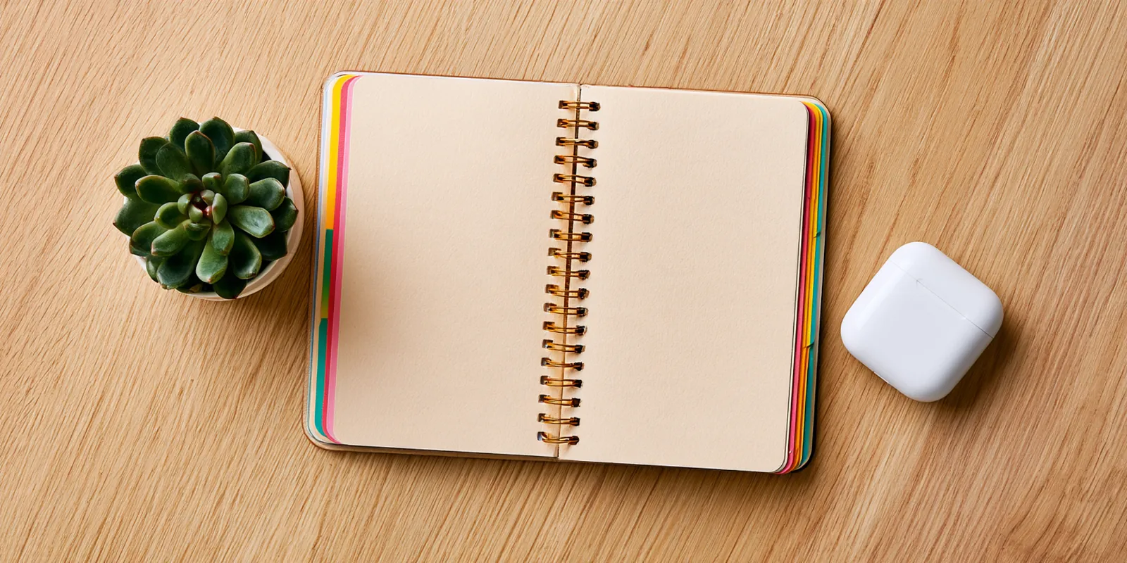 Open spiral notebook with colorful tabbed pages beside a small succulent and an earbuds case, a study setup for avant lending research