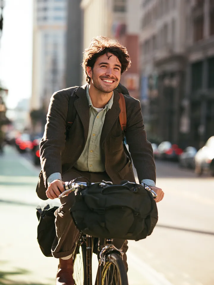 Young man riding a city bike to work in a sunny downtown bike lane after sorting out his avant lending request