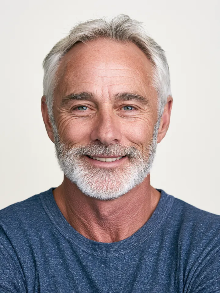 Smiling older man with a trimmed gray beard against a plain light backdrop