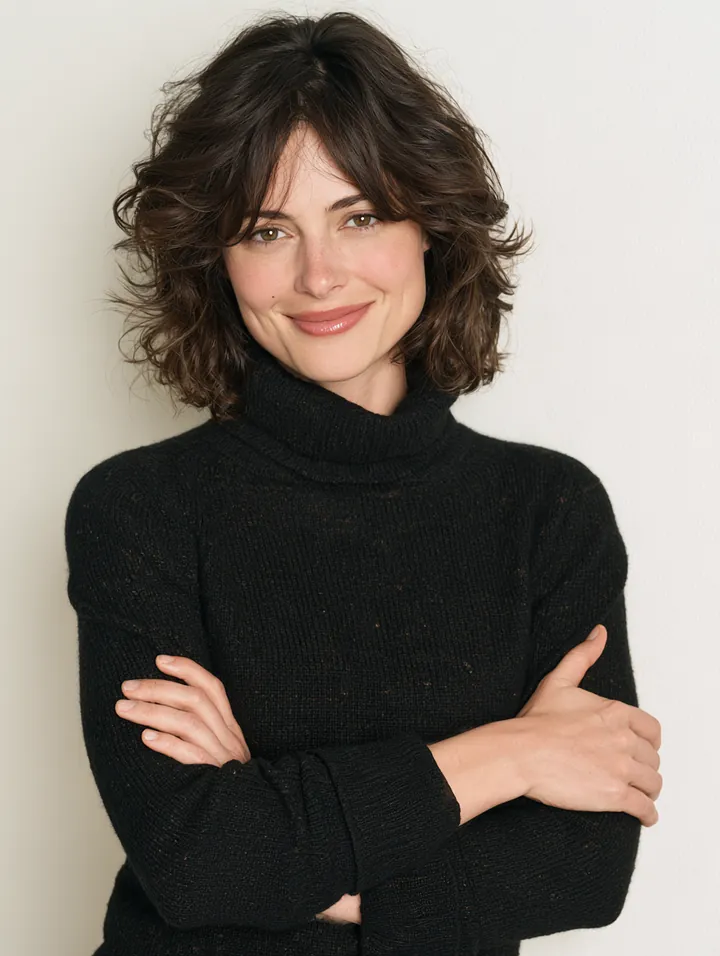 Studio portrait of a woman in her 40s with arms crossed and a confident smile against a plain light backdrop