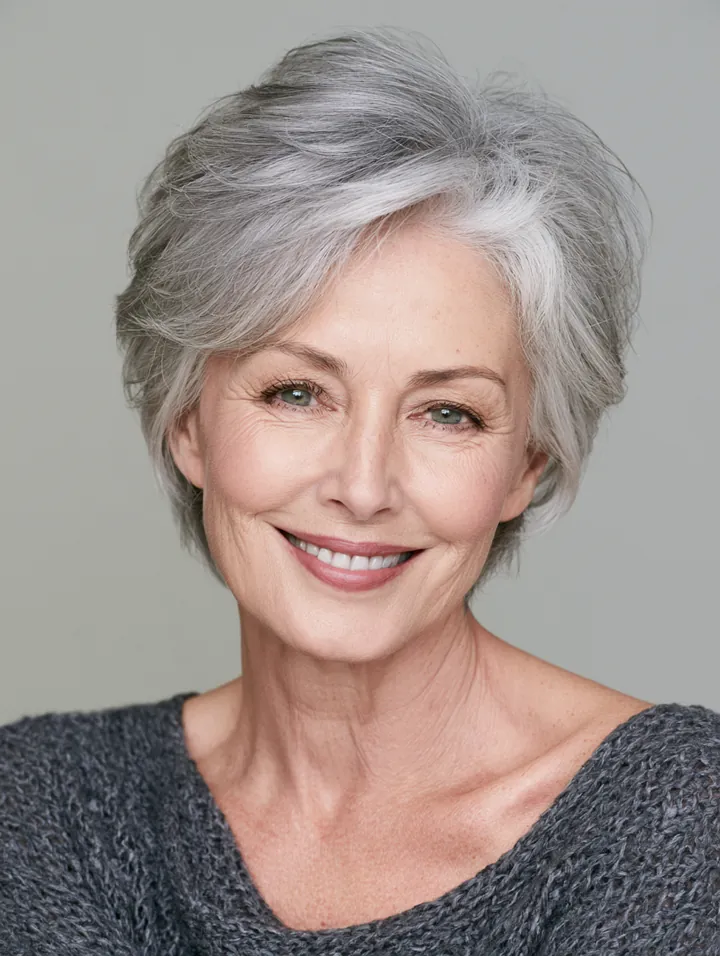Smiling woman in her 60s with short silver hair in a studio portrait against a plain light-gray backdrop