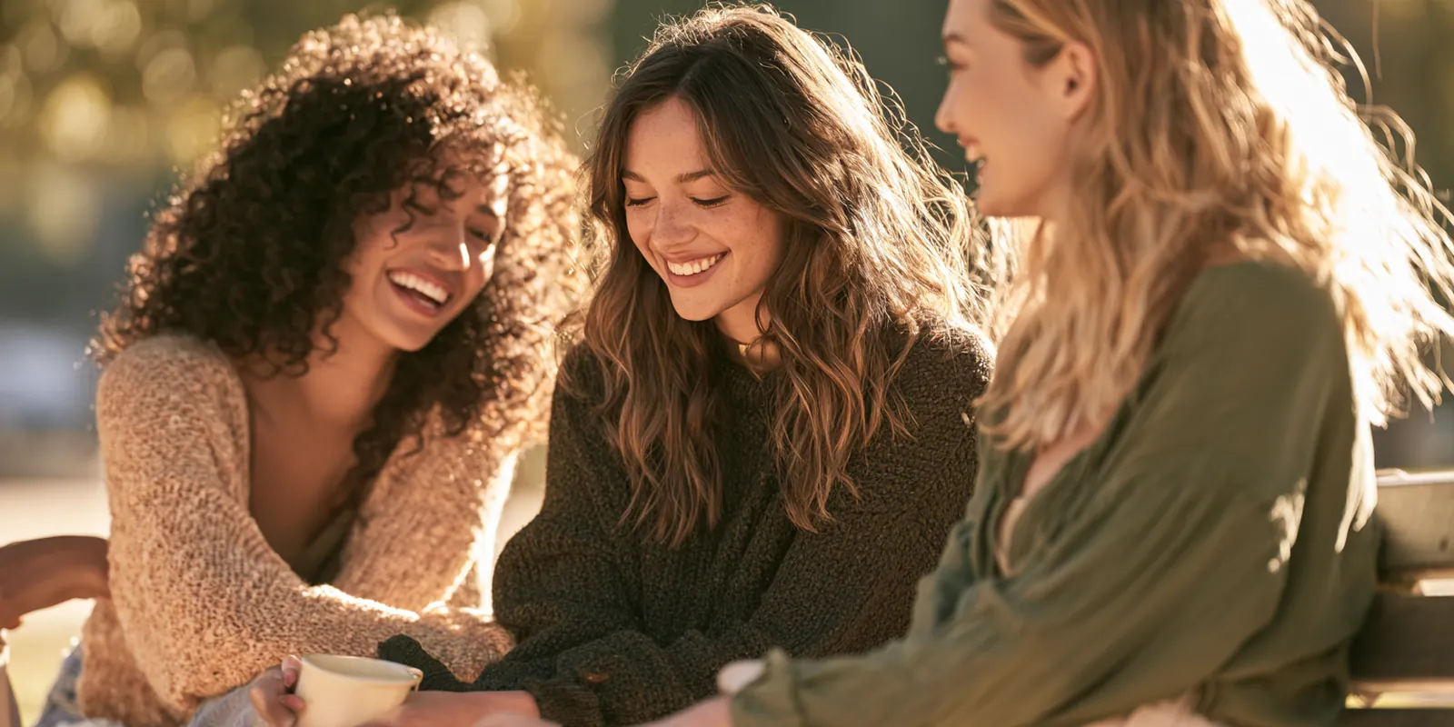 Three friends in their 30s laughing together on a park bench on a clear afternoon, the kind of relaxed talk where people trade avant lending experiences