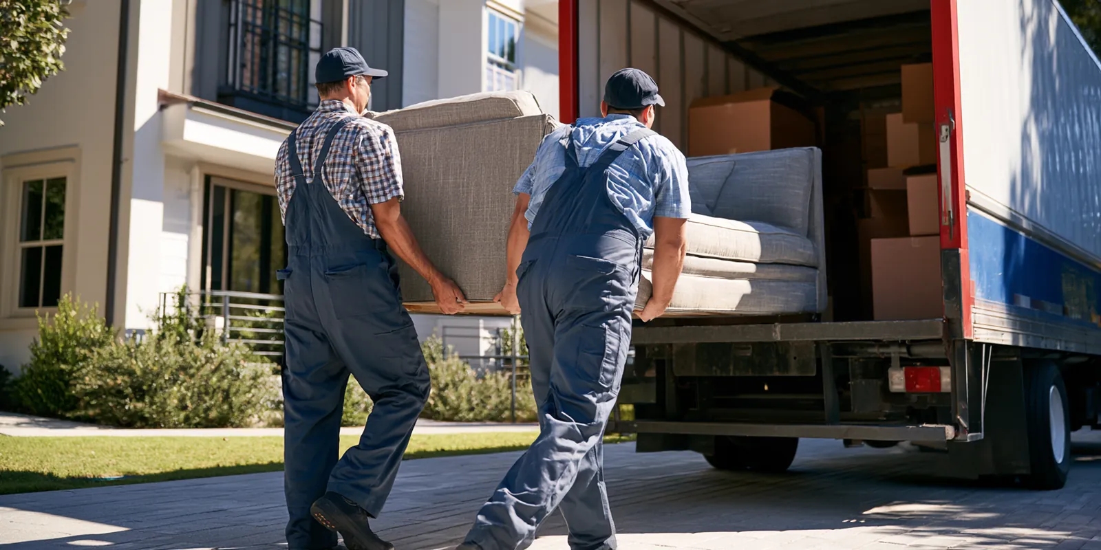 Two movers carrying a couch from a moving truck toward a modern townhouse, a cost many renters plan for with avant lending