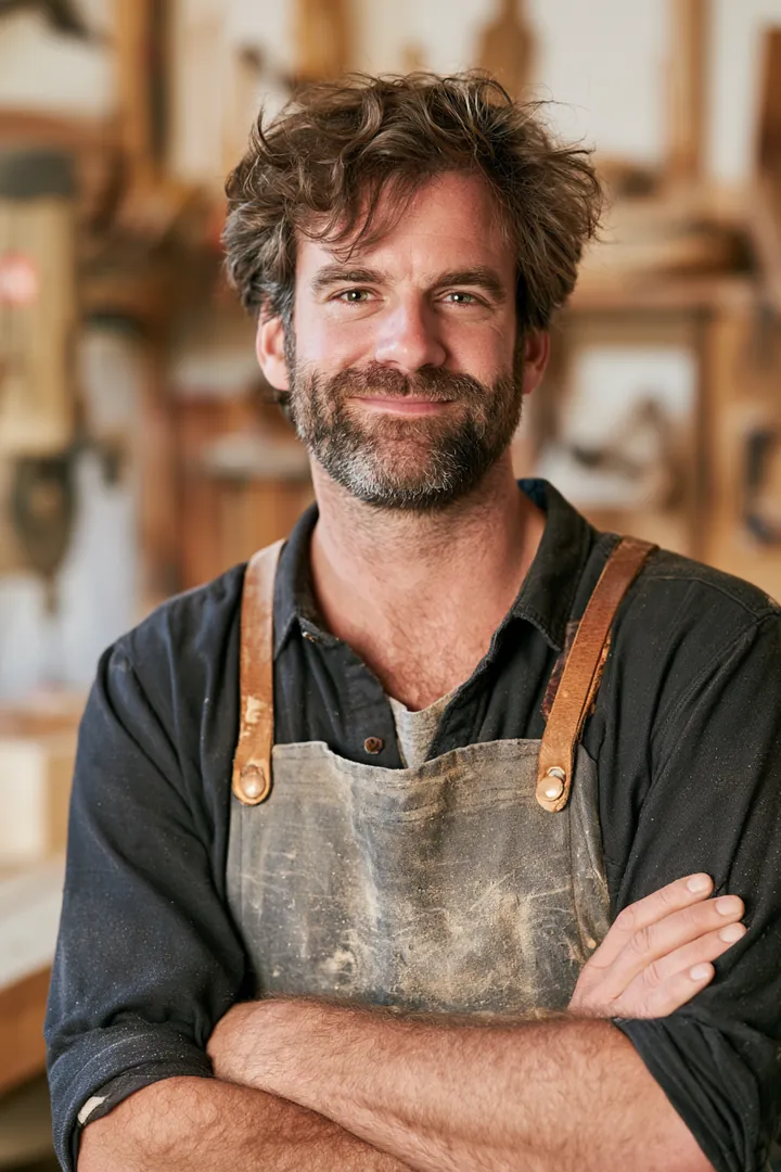 Man in his 40s in his home woodworking workshop with sawdust on his apron, thinking about extra personal loan payments