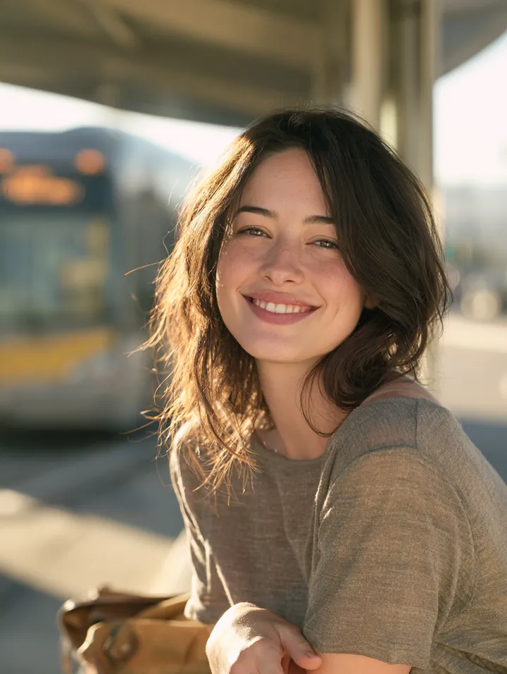 Young woman smiling at a sunlit bus stop while her car is in the shop, paid for with a small personal loan