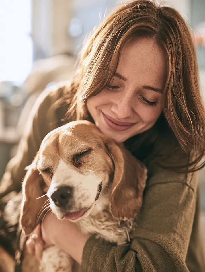 Woman hugging her beagle in a bright veterinary clinic exam room after an unexpected vet visit