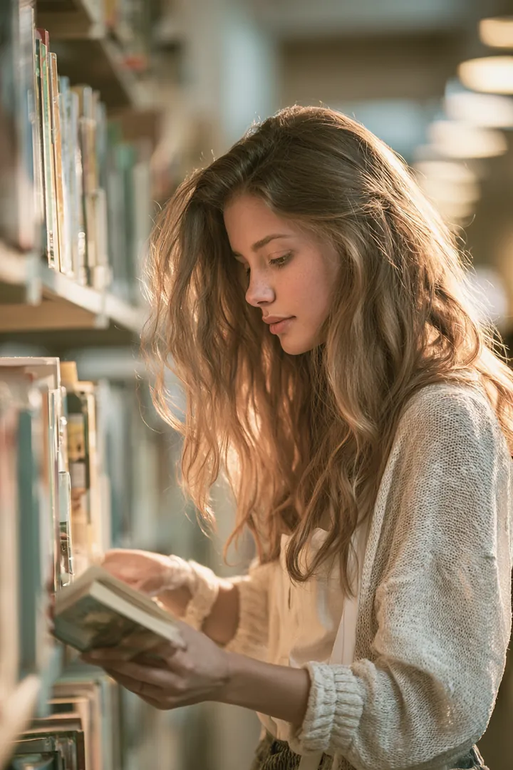 Young woman pulling a book from a shelf in a bright public library and glancing at the cover