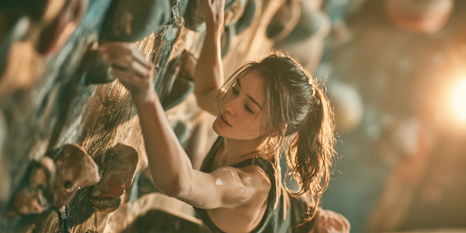 Woman in her 30s climbing an indoor bouldering wall and reaching for the next hold, like a score climbing toward better avant lending offers