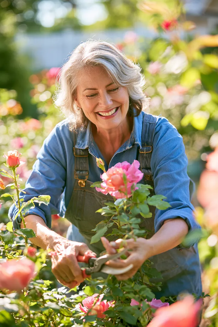 Woman in her 60s pruning roses in her sunny backyard garden while considering secured and unsecured personal loans